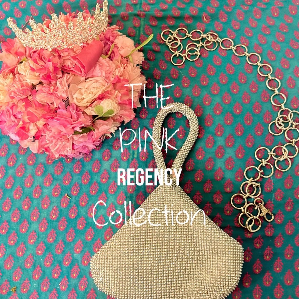 The Pink Regency Collection Floral Crown, Crystal Handbag & Gilded Chain Set